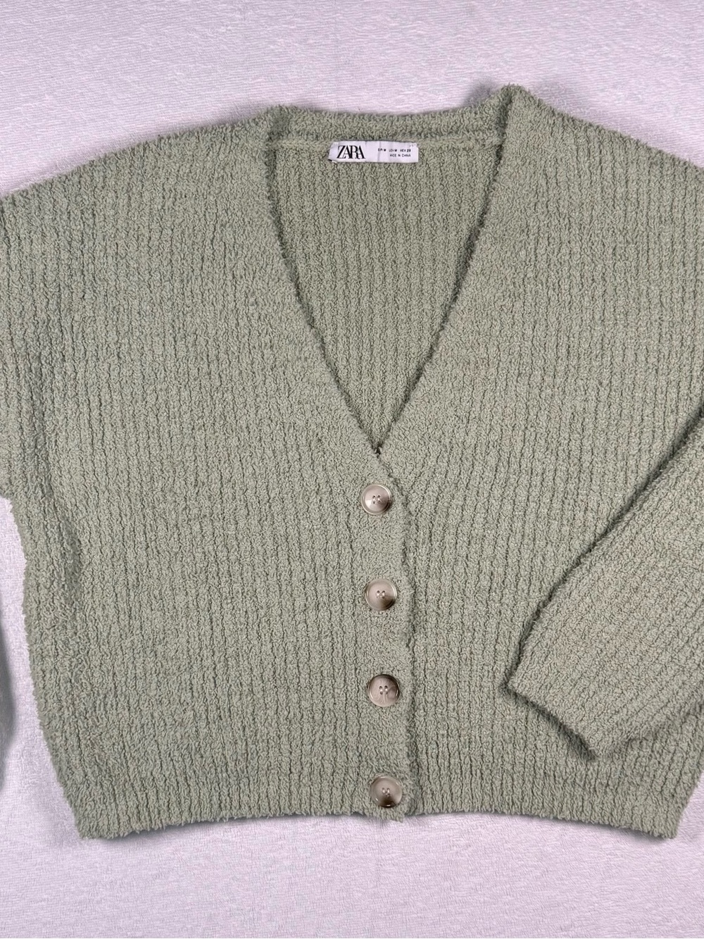 Zara Light Sage Green Cropped Knit V-Neck Button Cardigan